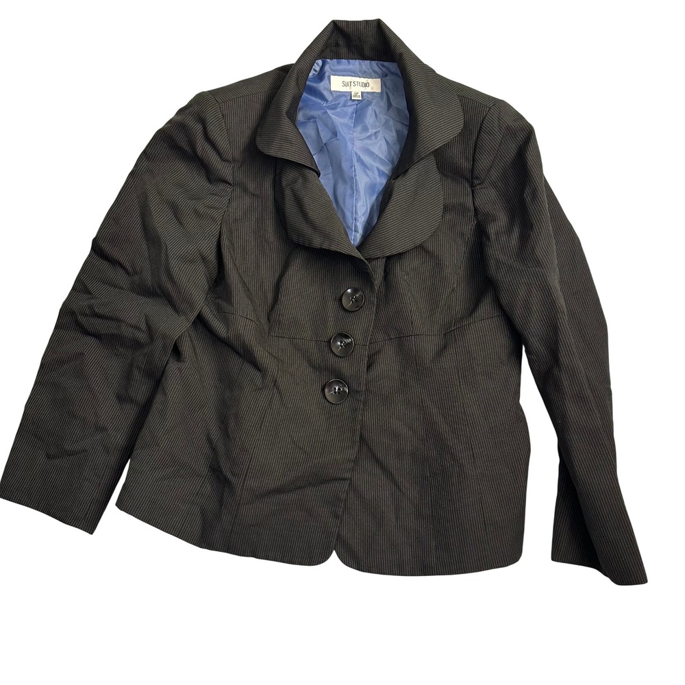 SUIT STUDIO Women's Pinstripe Blazer Jacket Size 12P Dark Gray Blue‎ Lined
